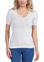 Load image into Gallery viewer, EGi Luxury Merino Wool Silk Women&#39;s Short Sleeve T-Shirt with Lace Trimming. Proudly Made in Italy.