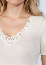 Load image into Gallery viewer, EGi Luxury Merino Wool Silk Women&#39;s Short Sleeve T-Shirt with Lace Trimming. Proudly Made in Italy.