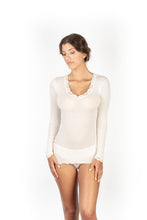 Load image into Gallery viewer, EGi Luxury Wool Silk Long Sleeve Top with Lace Trim. Proudly Made in Italy (1489)