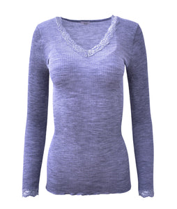 EGi Luxury Wool Silk Long Sleeve Top with Lace Trim. Proudly Made in Italy (1489)