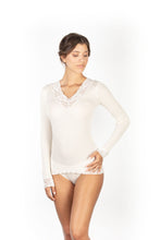 Load image into Gallery viewer, EGI Exclusive Merino Wool Blend Top V-Neck Lace Trim Long Sleeves. Proudly Made in Italy (303)
