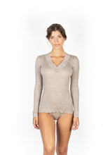 Load image into Gallery viewer, EGI Exclusive Merino Wool Blend Top V-Neck Lace Trim Long Sleeves. Proudly Made in Italy (303)