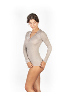 EGI Exclusive Merino Wool Blend Top V-Neck Lace Trim Long Sleeves. Proudly Made in Italy (303)