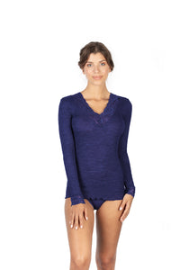 EGI Exclusive Merino Wool Blend Top V-Neck Lace Trim Long Sleeves. Proudly Made in Italy (303)