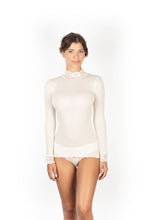 Load image into Gallery viewer, EGI Exclusive Collections Merino Wool Blend Top Mock Neck Lace Trim Long Sleeves. Proudly Made in Italy.