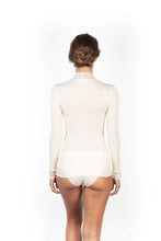 Load image into Gallery viewer, EGI Exclusive Collections Merino Wool Blend Top Mock Neck Lace Trim Long Sleeves. Proudly Made in Italy.