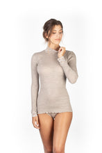Load image into Gallery viewer, EGI Exclusive Collections Merino Wool Blend Top Mock Neck Lace Trim Long Sleeves. Proudly Made in Italy.