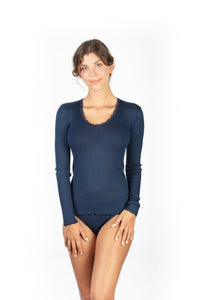 EGI Exclusive Collections Women's Merino Wool Blend Lace-Trimmed Long Sleeves T-Shirt. Proudly Made in Italy (307)
