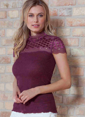 EGI Exclusive Merino Wool Blend Top Mock Neck Lace Trim Short Sleeves. Proudly Made in Italy.