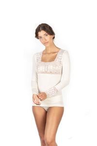 Mare Luxury Merino Wool Blend Women's Lace -Trimmed Long Sleeved Top (S - XL). Proudly Made in Italy.