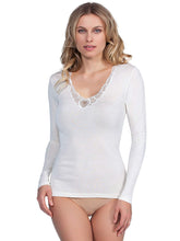 Load image into Gallery viewer, MaRe Cotton Wool Blend Women Long-Sleeved T-Shirt with Macramé Lace. Proudly Made in Italy.